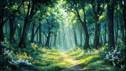 Obraz premium Sunlight Filtering Through Dense Forest With Lush Greenery and Flowers