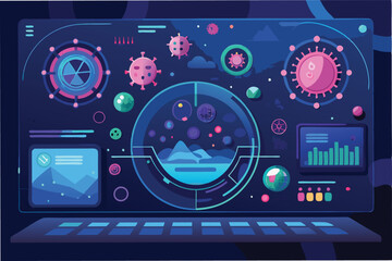 Digital dashboard style background with floating hmpv and covid virus particles and health datpoints, futuristic and clean hmpv and covid virus Clipart Vector