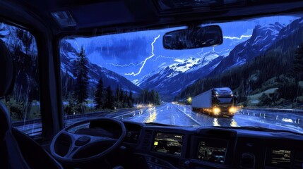 A truck driver's view during a stormy night, highlighting rain and lightning in a mountainous landscape.