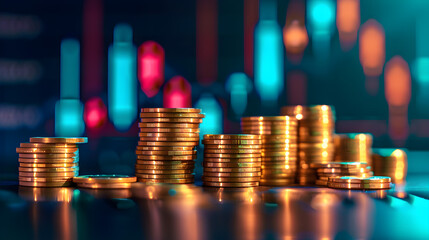  financial concept with stacks of golden coins arranged in ascending order