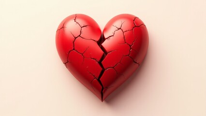 A vivid red heart with jagged cracks against a soft, neutral background. Delicate shadows and tiny fallen fragments create a simple yet striking pattern symbolizing emotional vulnerability.