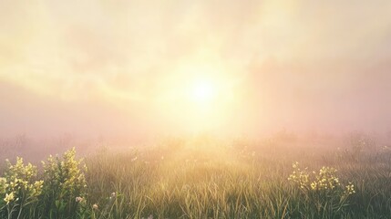 Obraz premium Misty Sunrise Over Tranquil Meadow with Colorful Wildflowers