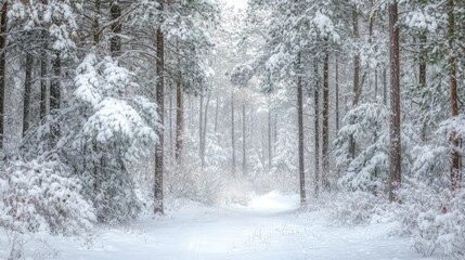Fototapeta premium Tranquil Winter Forest Path Surrounded by Snowy Pine Trees