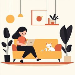 Cozy Home Workspace with a Young Woman Using Laptop on a Sofa Surrounded by Indoor Plants and a Cat Relaxing Nearby in a Modern Living Room Environment