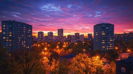 Fototapeta premium Vibrant Cityscape at Sunset with Colorful Sky and Illuminated Buildings
