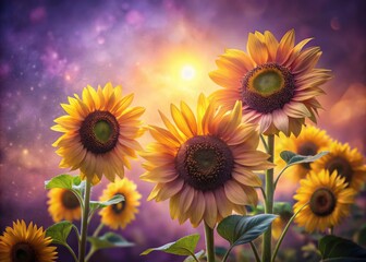 Obraz premium Pastel Sunflowers Purple Background Low Light Photo Print Art