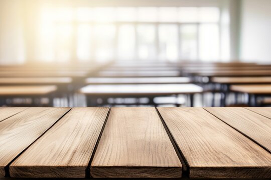 Wooden table, classroom background, sunlight, education, product display
