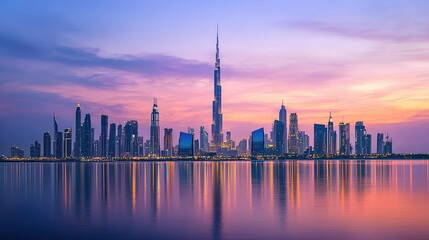 Obraz premium Stunning Sunset Over Dubai Skyline with Reflections on Water