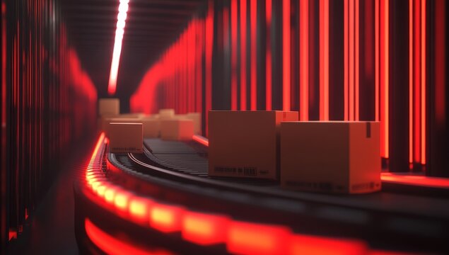Cardboard boxes on conveyor belt in warehouse with red lighting.
