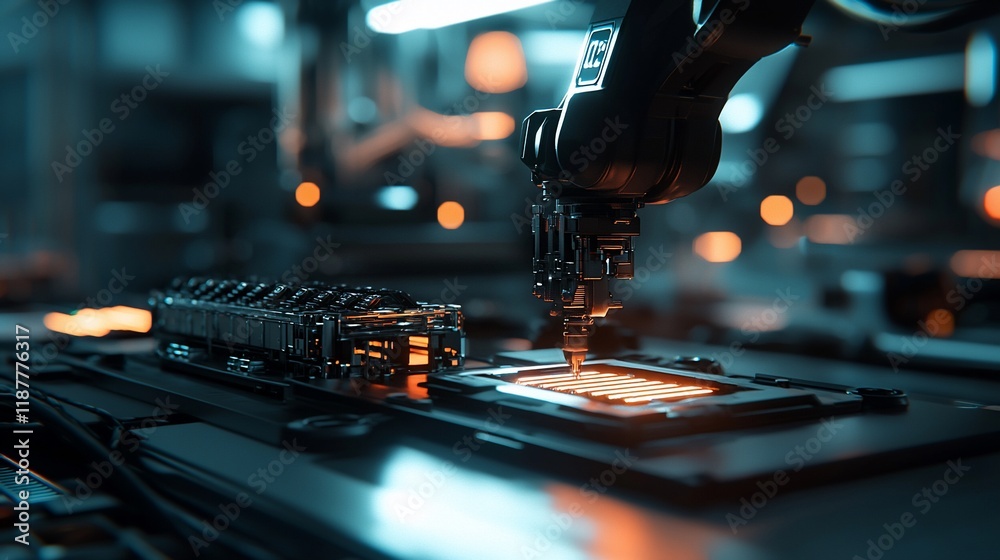 Poster Robotic arm assembling circuit board in factory.