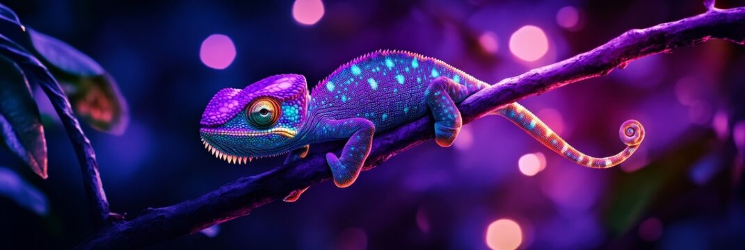 Chameleon Night Bloom - A vibrant chameleon, perched on a branch, glows with purple and blue hues, symbolizing nature, adaptation, transformation, mystery, and beauty.