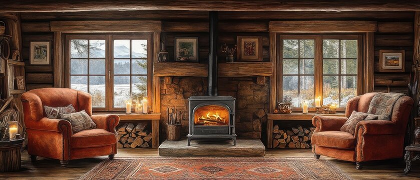 [Cozy rustic living room interior design ideas] Cozy Living Room with Rustic Charm Fireplace Mantel Armchairs Rug Wooden Floors Log Cabin Style Lighting