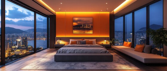 [Modern living room design with natural light and comfortable seating] Modern Living Room with High Ceilings, Recessed Lighting & Wooden Beams