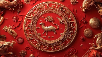 Chinese New Year 2025 sign with a red and gold theme, highlighting zodiac animals and auspicious symbols of luck