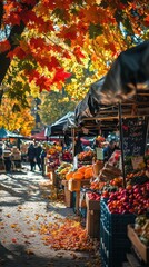 Naklejka premium Autumn Market Scene with Colorful Produce and Falling Leaves