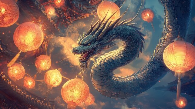 postcard featuring a coiled dragon surrounded by traditional Chinese patterns and glowing lanterns.