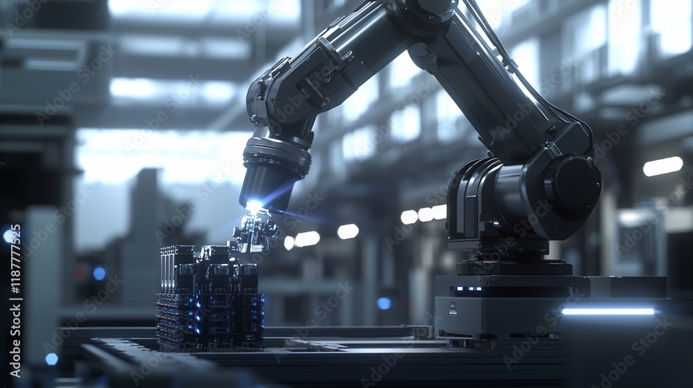 Poster Robotic arm assembling electronic components in a factory.