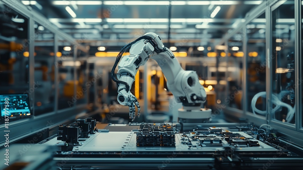 Poster Robotic arm assembling circuit board in factory. (1)