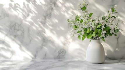 Obraz premium Elegant white vase with fresh greenery on marble surface