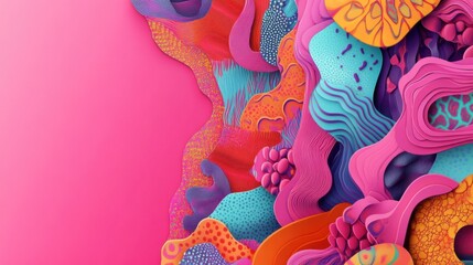 Vibrant Abstract Art: Layered Colorful Forms and Textures, Pink Background