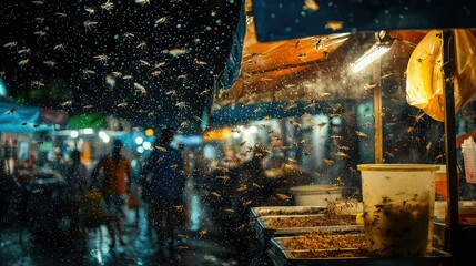 Busy Night Market Scene with Insects Swarming Food Stalls