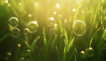 Sparkling soap bubbles float over sunlit green grass.