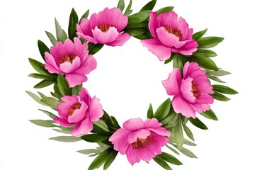 Obraz premium Beautiful Pink Peony Floral Wreath Illustration - Elegant pink peony wreath, symbolizing love, beauty, prosperity, new beginnings, and spring. Perfect for invitations, cards, or decoration.