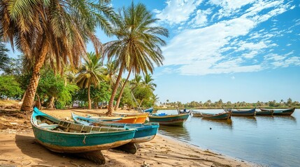 Colorful Fishing Boats on a Serene Beach Under Bright Blue Sky