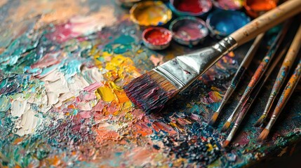 Fototapeta premium Colorful Palette with Brushes on Artist Table for Creative Projects
