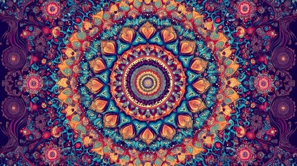 Vibrant Mandala: Psychedelic Geometric Pattern, Colorful Abstract Background, Intricate Design, Cultural Ornament