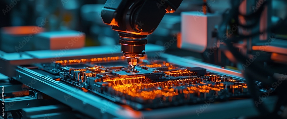 Poster robotic arm assembling circuit board.