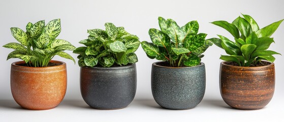 [Home gardening permaculture container plant] Houseplant Display in Terracotta Planters with Varied Greenery for Indoor Decoration