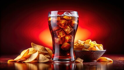 Refreshing Cola Beverage with Crispy Chips on Vibrant Red Background - Perfect for Summer Snacks and Food Photography