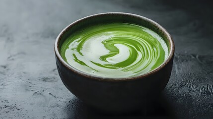 Frothy Milk Mixing in Motion to Create a Beautifully Swirled Green tea in a Rustic Bowl
