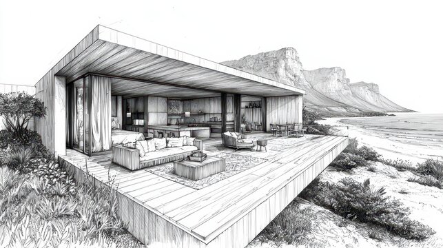 Architectural sketch of modern coastal house with ocean view.