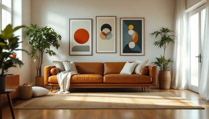 Modern Leather Sofa with Abstract Geometric Art in Sunlit Living Room