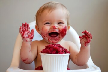 A joyful baby covered in raspberry puree, smiling while playing with a bowl of fruit.