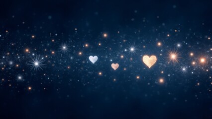 Fototapeta premium Shooting heart-shaped stars with stardust trails on a navy blue background. A magical and celestial Valentine’s Day pattern.