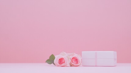 Pastel Pink Roses and Gift Box on Soft Pink Background