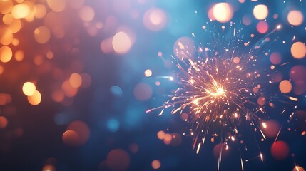 Colorful fireworks exploding against a deep blue festive night sky with copy space