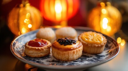 Chinese New Year pastries such as egg custard tarts and sticky rice cakes, served on a decorative porcelain plate with golden lanterns in the background.