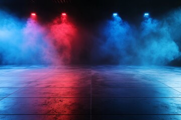 Fototapeta premium Empty stage with red and blue spotlights and smoky atmosphere