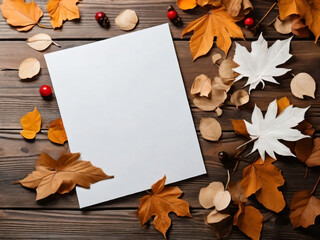 Blank paper lies amidst an arrangement of fallen leaves.