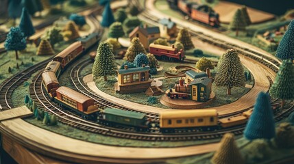 Obraz premium Colorful Model Train Set with Scenic Landscape and Miniature Buildings