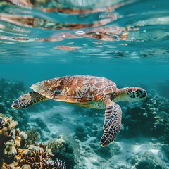 Fototapeta premium Underwater sea turtle swimming over vibrant coral reef.