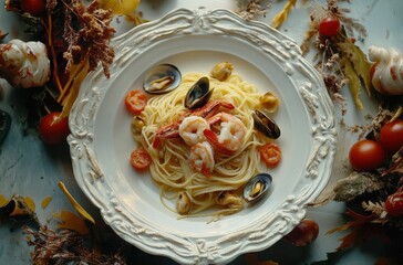Exquisite Seafood Pasta Dish Featuring Shrimp, Clams, and Mussels Artistically Arranged on Elegant Plate Surrounded by Fresh Ingredients and Autumn Leaves