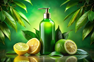 Surreal Green Lotion Bottle Photography: Avocado, Lemon, Lush Green Background