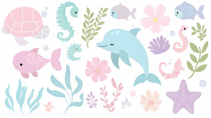 Obraz premium Pastel Ocean Life Animals & Plants Illustration Set, White Background, for Children's Designs