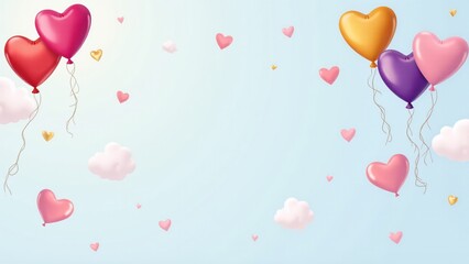 Heart-shaped balloons in bright colors with white ribbons against a sky-blue background. A festive and playful Valentine&rsquo;s Day pattern.