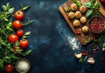 Fresh Ingredients and Delicious Appetizers Arranged on a Dark Table for Culinary Inspiration with Fresh Herbs, Tomatoes, and Colorful Spices